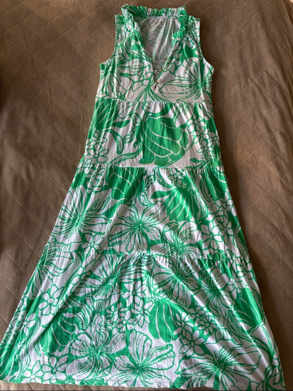 Lilly Pulitzer Green and White Floral Tiered Maxi Dress
